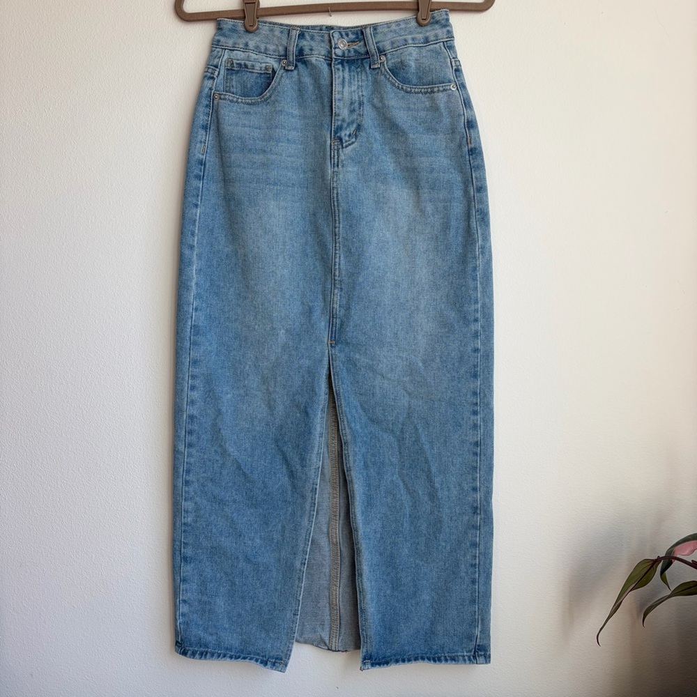 Forever 21 Light Blue Straight-Leg Denim Skirt-Front Slit